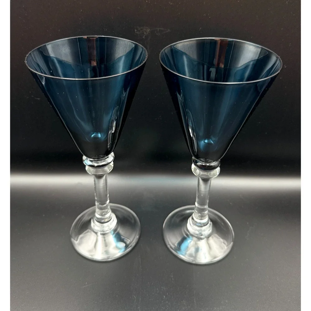 Set 2 Two Tone Sapphire Blue Deep Teal Clear Wine Cocktail Glasses V Shaped Bowl
